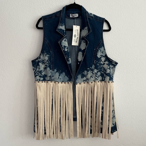 Crazy Train Jackets & Blazers - NWT Crazy Train Denim Fringe Acid Wash Vest